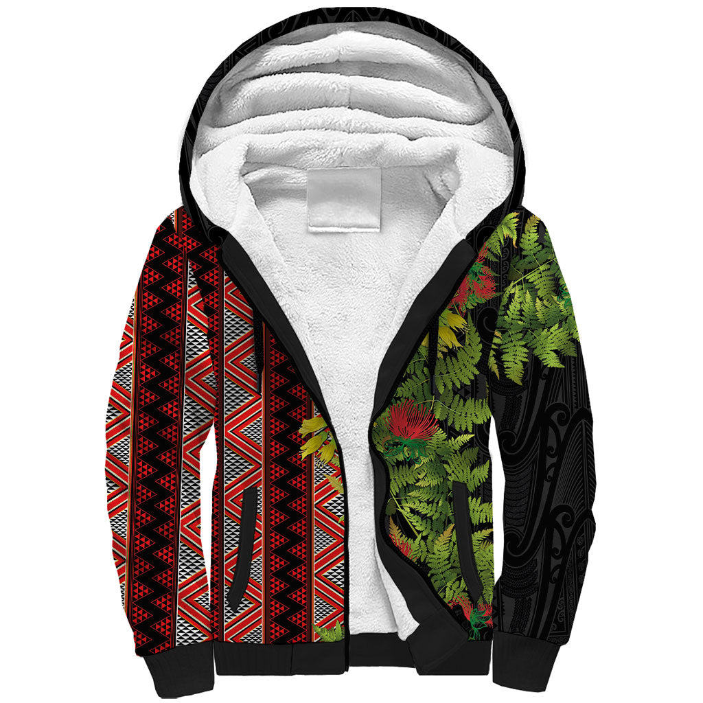 Maori Tukutuku Sherpa Hoodie with Ferns Pohutukawa and Kowhai Tribal Moko Patterns