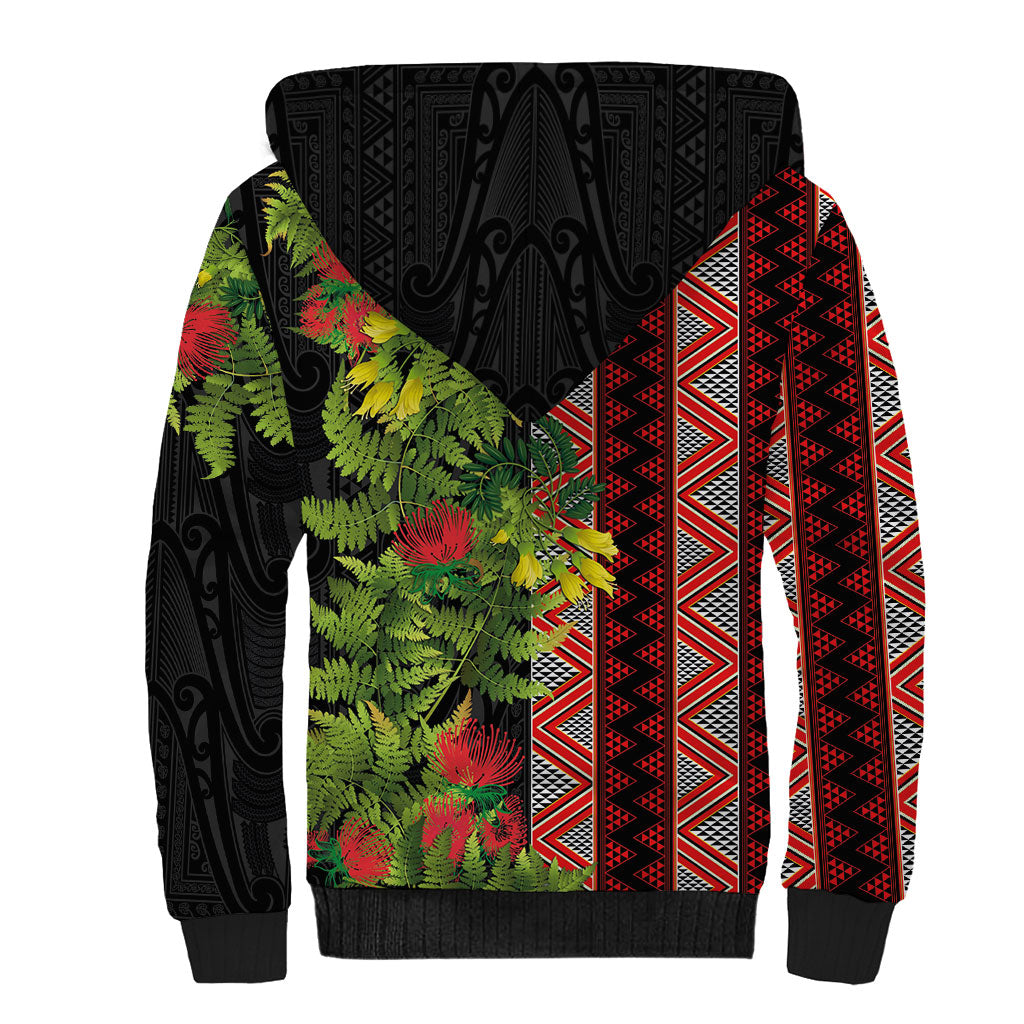Maori Tukutuku Sherpa Hoodie with Ferns Pohutukawa and Kowhai Tribal Moko Patterns