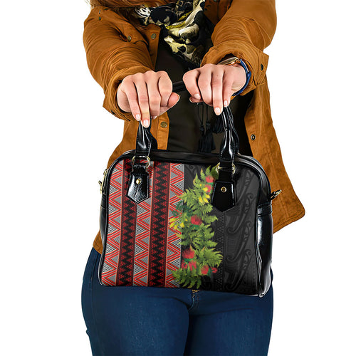 Maori Tukutuku Shoulder Handbag with Ferns Pohutukawa and Kowhai Tribal Moko Patterns
