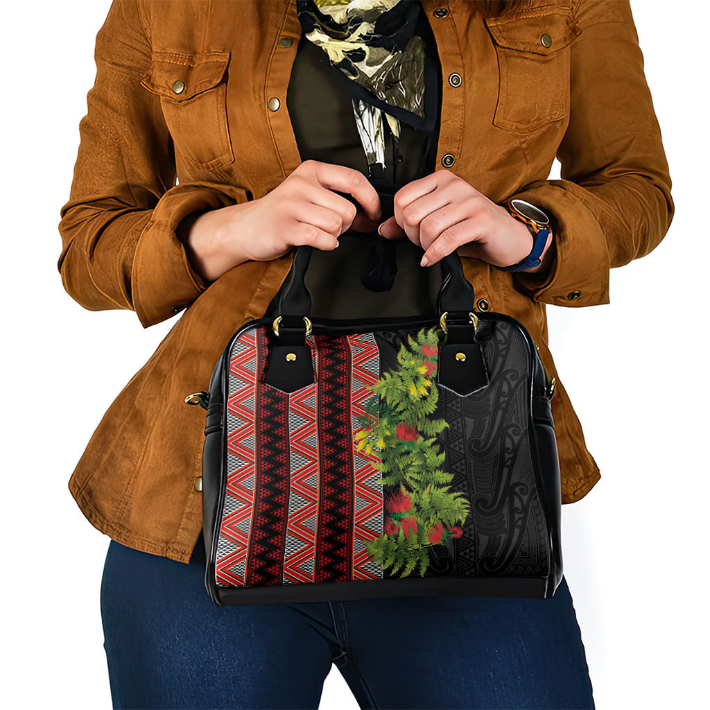 Maori Tukutuku Shoulder Handbag with Ferns Pohutukawa and Kowhai Tribal Moko Patterns