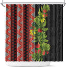 Maori Tukutuku Shower Curtain with Ferns Pohutukawa and Kowhai Tribal Moko Patterns