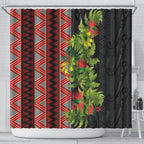 Maori Tukutuku Shower Curtain with Ferns Pohutukawa and Kowhai Tribal Moko Patterns