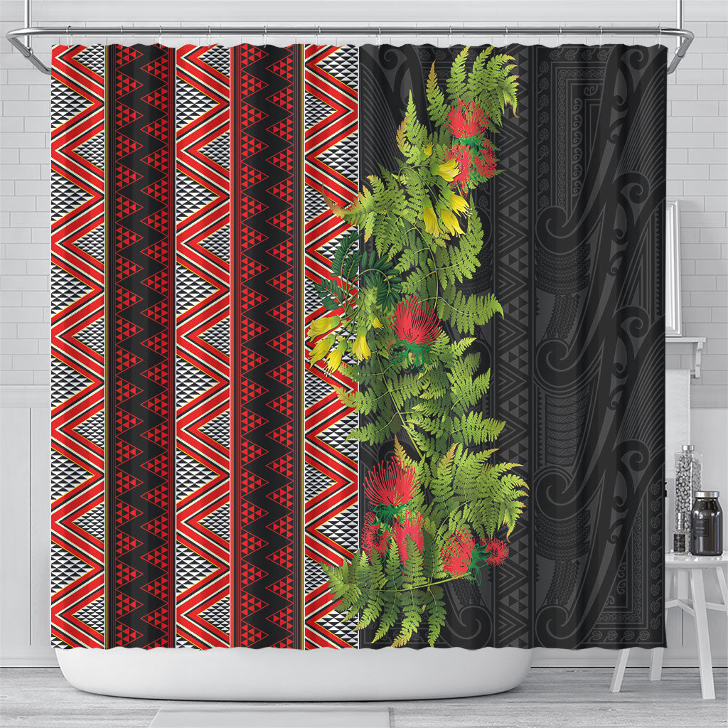 Maori Tukutuku Shower Curtain with Ferns Pohutukawa and Kowhai Tribal Moko Patterns