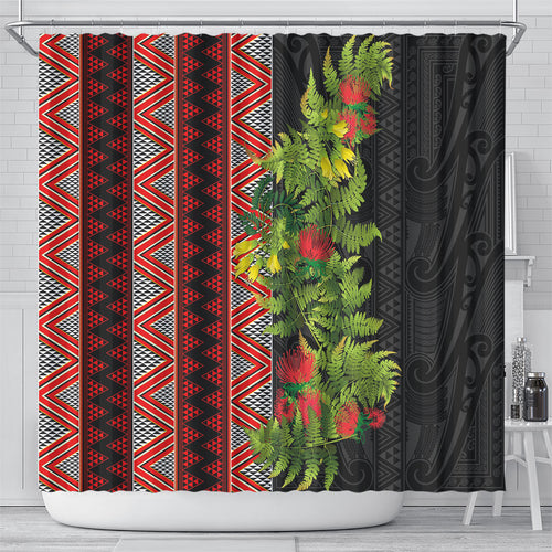 Maori Tukutuku Shower Curtain with Ferns Pohutukawa and Kowhai Tribal Moko Patterns