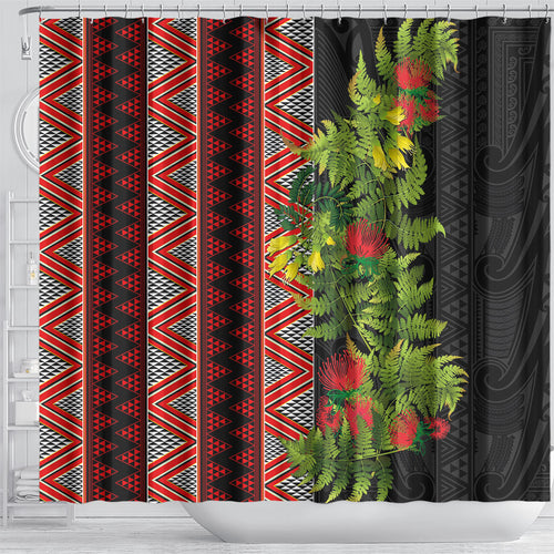 Maori Tukutuku Shower Curtain with Ferns Pohutukawa and Kowhai Tribal Moko Patterns