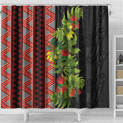Maori Tukutuku Shower Curtain with Ferns Pohutukawa and Kowhai Tribal Moko Patterns