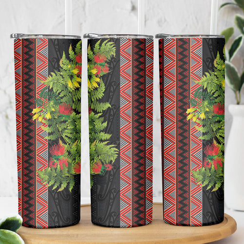 Maori Tukutuku Skinny Tumbler with Ferns Pohutukawa and Kowhai Tribal Moko Patterns