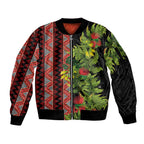 Maori Tukutuku Sleeve Zip Bomber Jacket with Ferns Pohutukawa and Kowhai Tribal Moko Patterns
