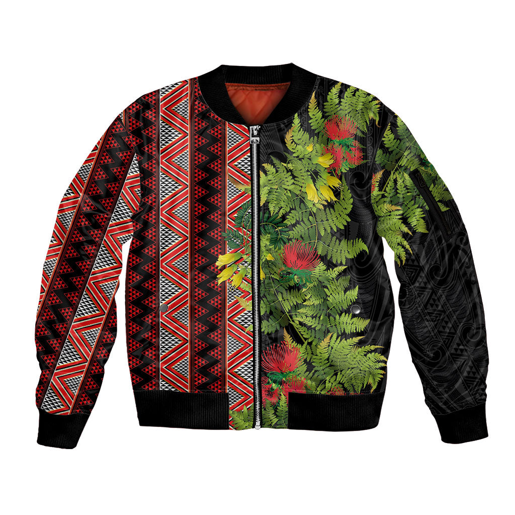 Maori Tukutuku Sleeve Zip Bomber Jacket with Ferns Pohutukawa and Kowhai Tribal Moko Patterns