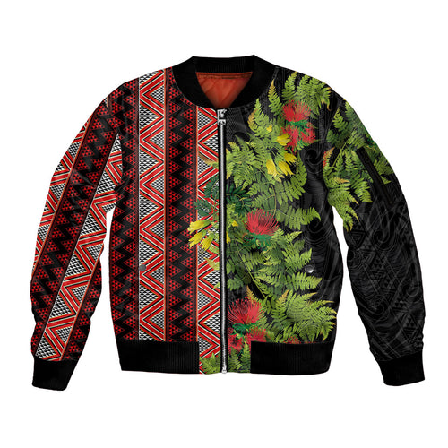 Maori Tukutuku Sleeve Zip Bomber Jacket with Ferns Pohutukawa and Kowhai Tribal Moko Patterns