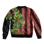 Maori Tukutuku Sleeve Zip Bomber Jacket with Ferns Pohutukawa and Kowhai Tribal Moko Patterns
