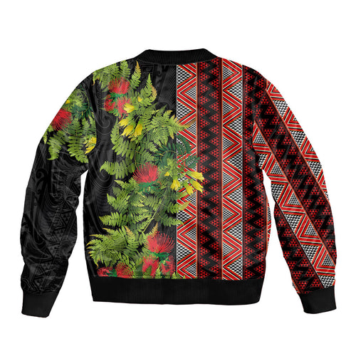 Maori Tukutuku Sleeve Zip Bomber Jacket with Ferns Pohutukawa and Kowhai Tribal Moko Patterns