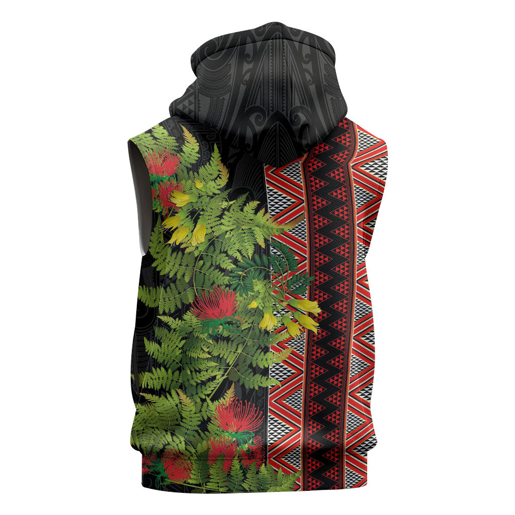 Maori Tukutuku Sleeveless Hoodie with Ferns Pohutukawa and Kowhai Tribal Moko Patterns