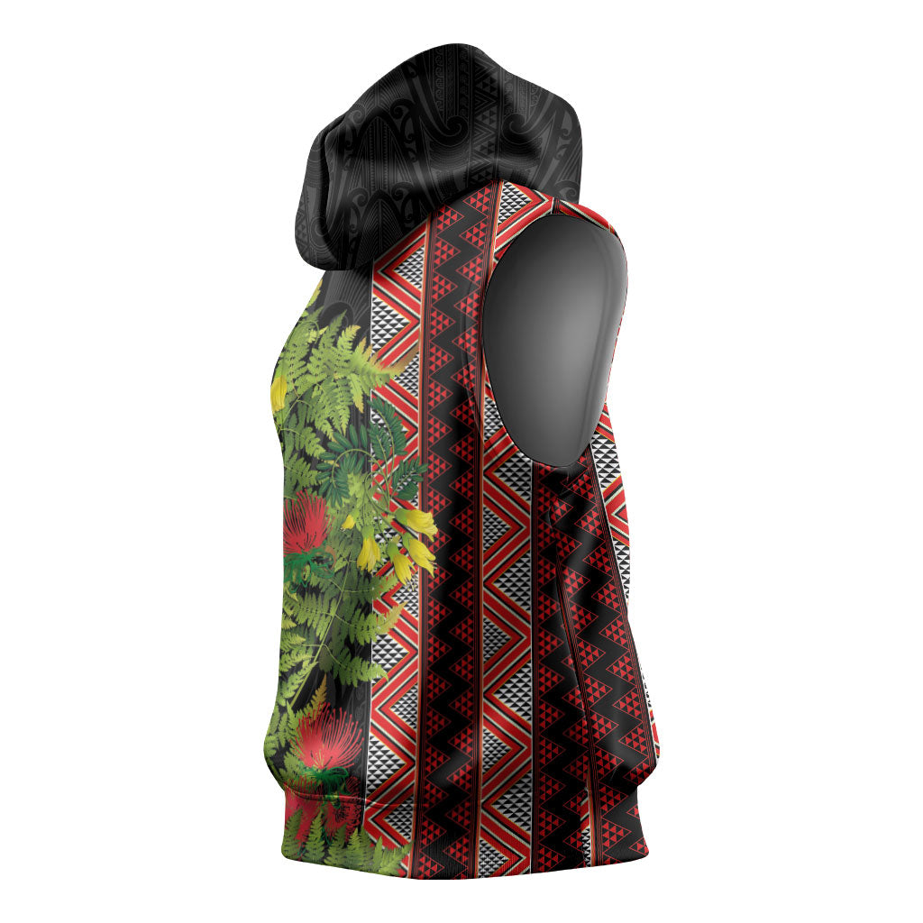 Maori Tukutuku Sleeveless Hoodie with Ferns Pohutukawa and Kowhai Tribal Moko Patterns