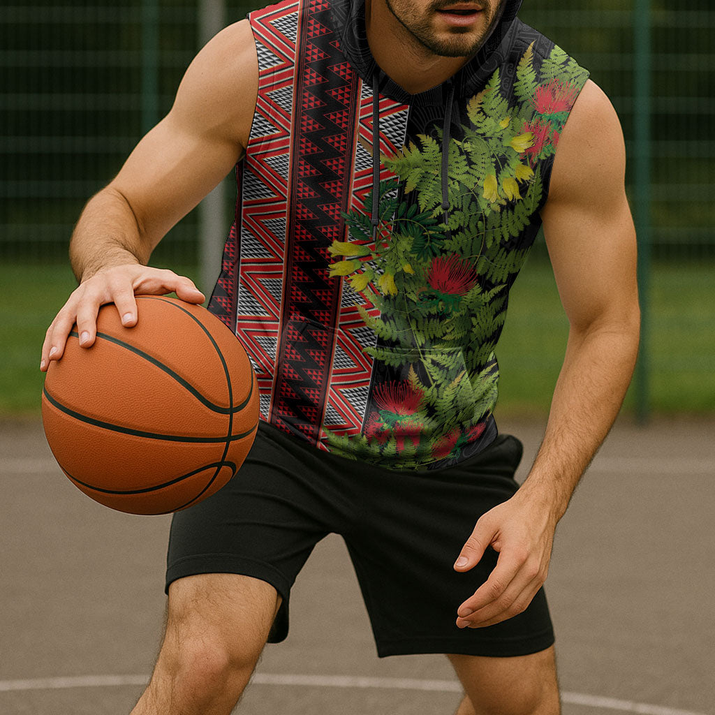 Maori Tukutuku Sleeveless Hoodie with Ferns Pohutukawa and Kowhai Tribal Moko Patterns