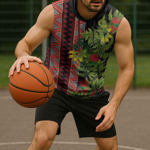 Maori Tukutuku Sleeveless Hoodie with Ferns Pohutukawa and Kowhai Tribal Moko Patterns