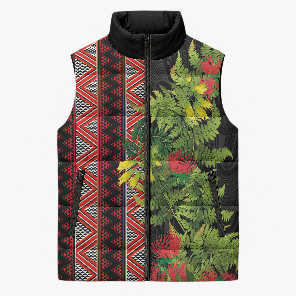 Maori Tukutuku Sleeveless Puffer Jacket with Ferns Pohutukawa and Kowhai Tribal Moko Patterns