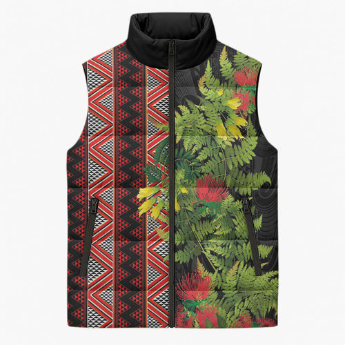 Maori Tukutuku Sleeveless Puffer Jacket with Ferns Pohutukawa and Kowhai Tribal Moko Patterns
