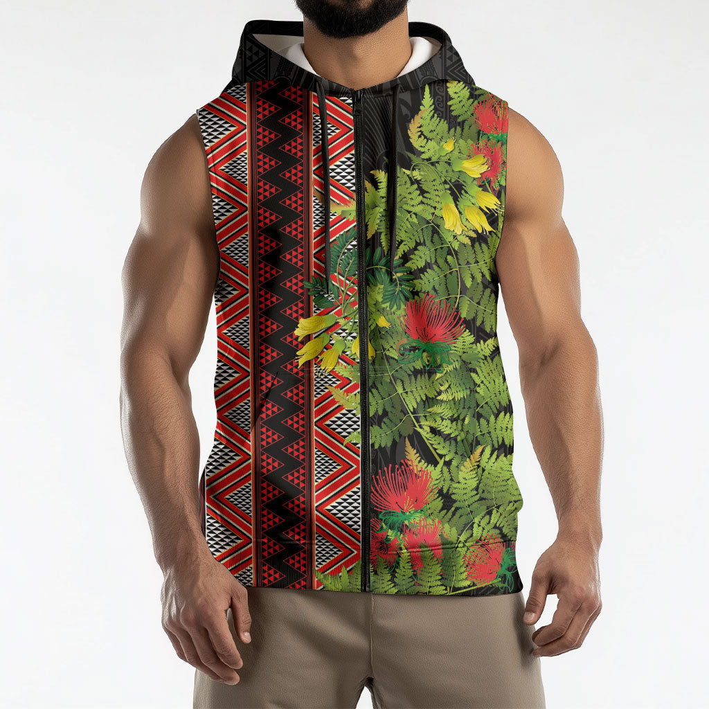 Maori Tukutuku Sleeveless Zip Hoodie with Ferns Pohutukawa and Kowhai Tribal Moko Patterns