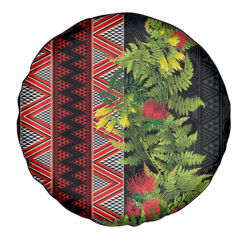 Maori Tukutuku Spare Tire Cover with Ferns Pohutukawa and Kowhai Tribal Moko Patterns