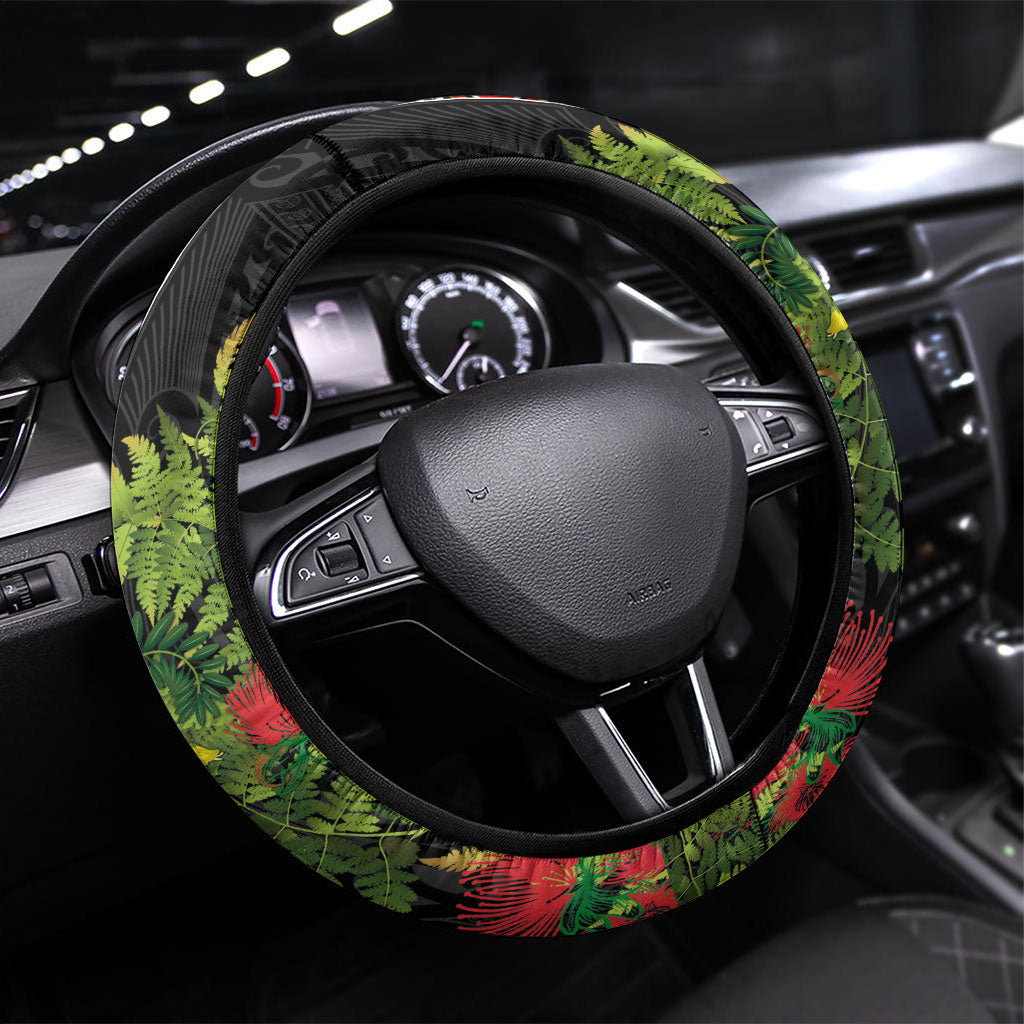Maori Tukutuku Steering Wheel Cover with Ferns Pohutukawa and Kowhai Tribal Moko Patterns