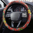 Maori Tukutuku Steering Wheel Cover with Ferns Pohutukawa and Kowhai Tribal Moko Patterns