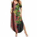 Maori Tukutuku Summer Maxi Dress with Ferns Pohutukawa and Kowhai Tribal Moko Patterns