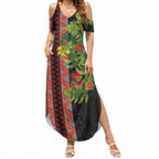 Maori Tukutuku Summer Maxi Dress with Ferns Pohutukawa and Kowhai Tribal Moko Patterns