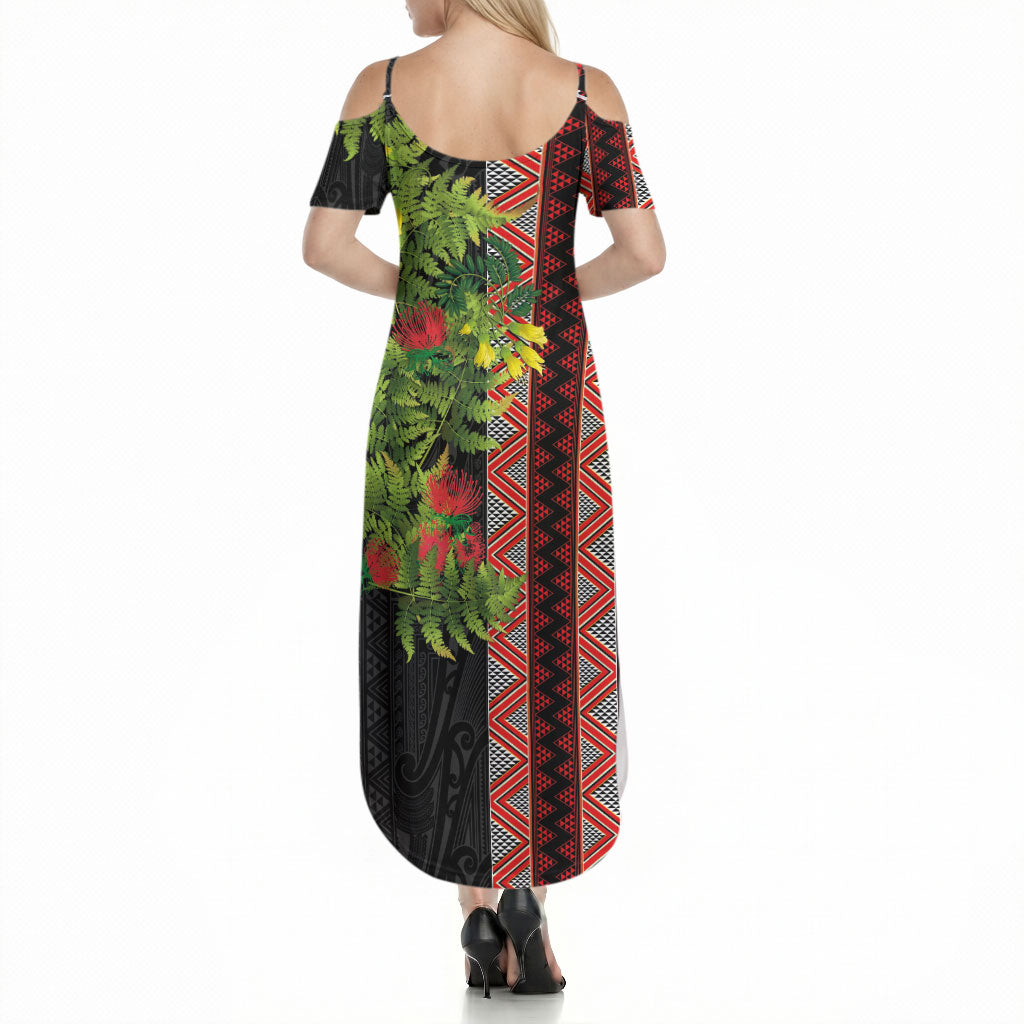 Maori Tukutuku Summer Maxi Dress with Ferns Pohutukawa and Kowhai Tribal Moko Patterns