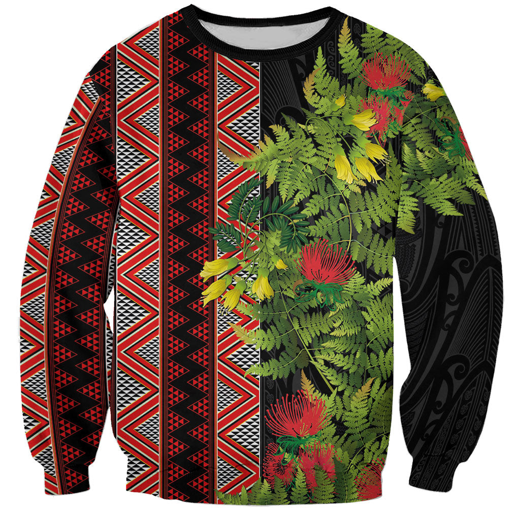 Maori Tukutuku Sweatshirt with Ferns Pohutukawa and Kowhai Tribal Moko Patterns