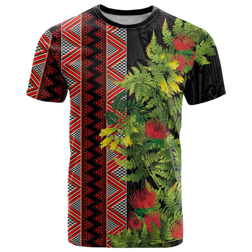 Maori Tukutuku T Shirt with Ferns Pohutukawa and Kowhai Tribal Moko Patterns