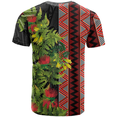 Maori Tukutuku T Shirt with Ferns Pohutukawa and Kowhai Tribal Moko Patterns