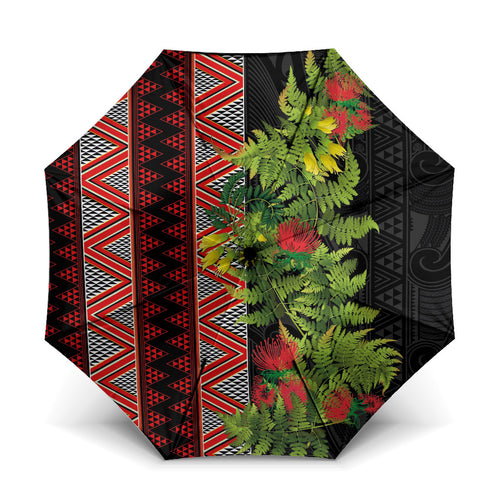 Maori Tukutuku Umbrella with Ferns Pohutukawa and Kowhai Tribal Moko Patterns