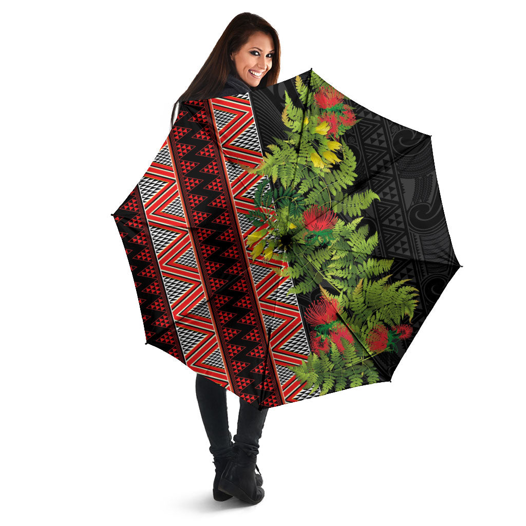 Maori Tukutuku Umbrella with Ferns Pohutukawa and Kowhai Tribal Moko Patterns