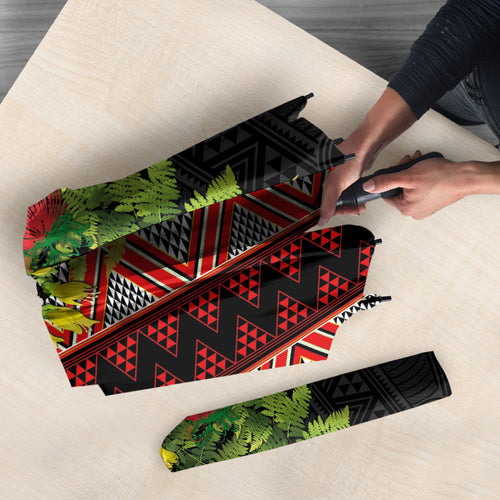 Maori Tukutuku Umbrella with Ferns Pohutukawa and Kowhai Tribal Moko Patterns