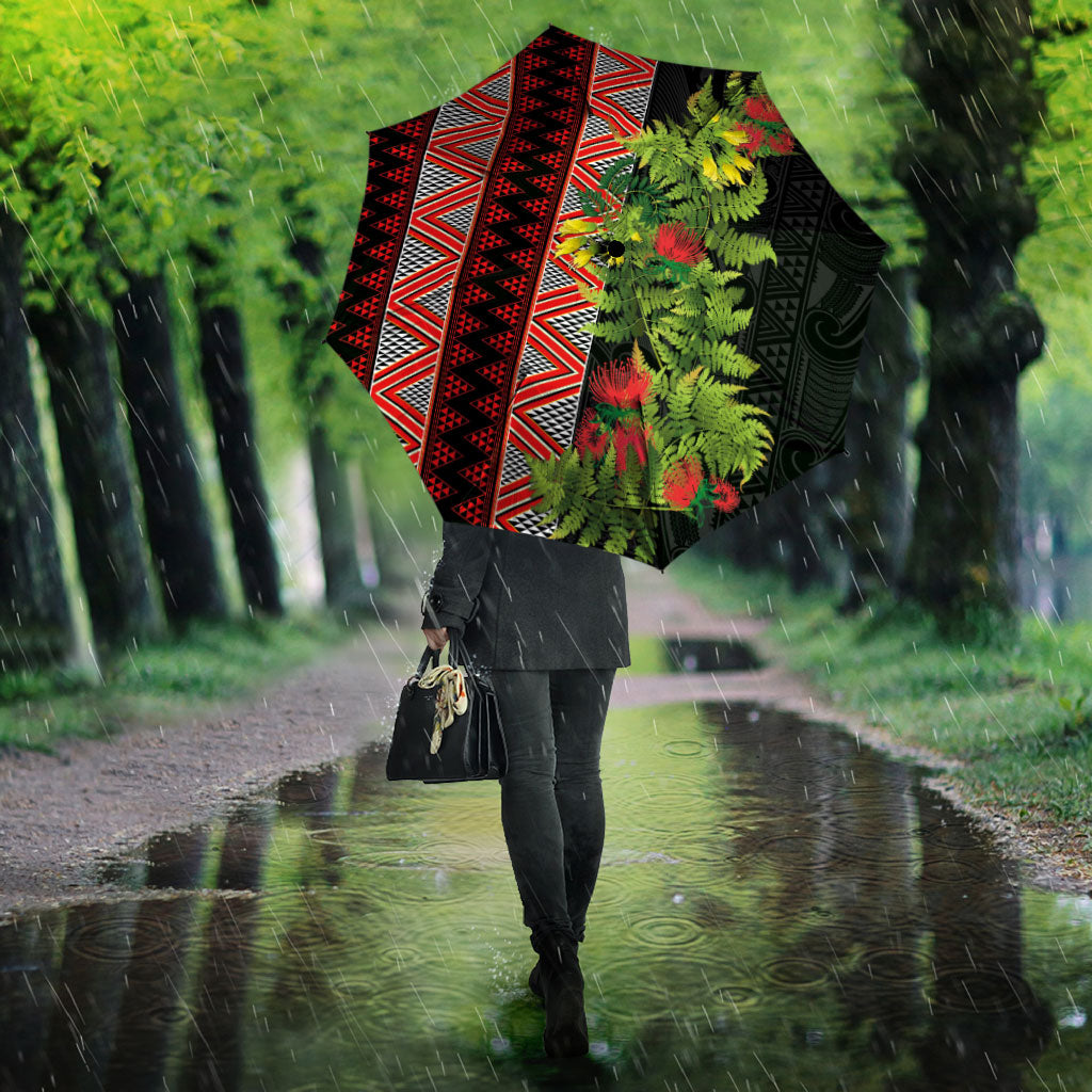 Maori Tukutuku Umbrella with Ferns Pohutukawa and Kowhai Tribal Moko Patterns