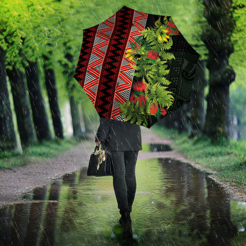 Maori Tukutuku Umbrella with Ferns Pohutukawa and Kowhai Tribal Moko Patterns