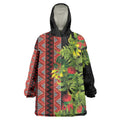 Maori Tukutuku Wearable Blanket Hoodie with Ferns Pohutukawa and Kowhai Tribal Moko Patterns