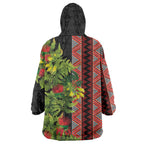 Maori Tukutuku Wearable Blanket Hoodie with Ferns Pohutukawa and Kowhai Tribal Moko Patterns