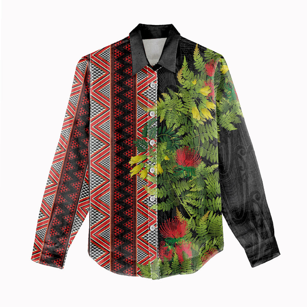Maori Tukutuku Women Casual Shirt with Ferns Pohutukawa and Kowhai Tribal Moko Patterns
