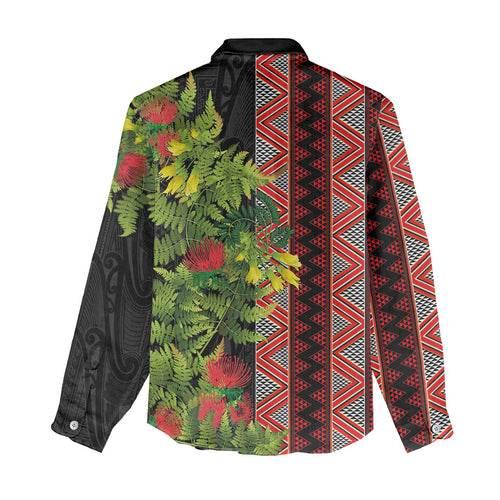 Maori Tukutuku Women Casual Shirt with Ferns Pohutukawa and Kowhai Tribal Moko Patterns