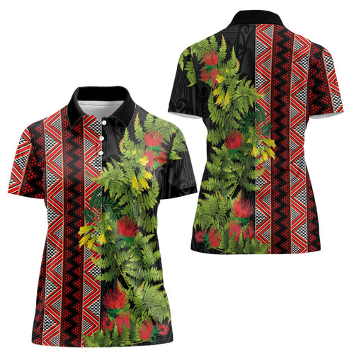 Maori Tukutuku Women Polo Shirt with Ferns Pohutukawa and Kowhai Tribal Moko Patterns