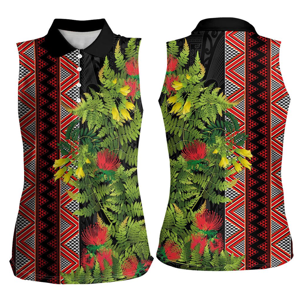Maori Tukutuku Women Sleeveless Polo Shirt with Ferns Pohutukawa and Kowhai Tribal Moko Patterns
