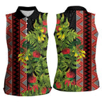 Maori Tukutuku Women Sleeveless Polo Shirt with Ferns Pohutukawa and Kowhai Tribal Moko Patterns