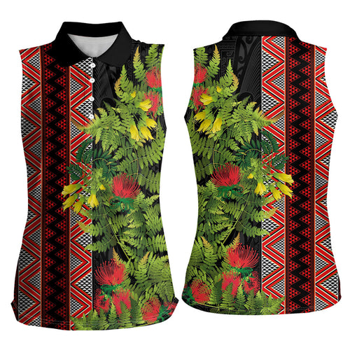 Maori Tukutuku Women Sleeveless Polo Shirt with Ferns Pohutukawa and Kowhai Tribal Moko Patterns