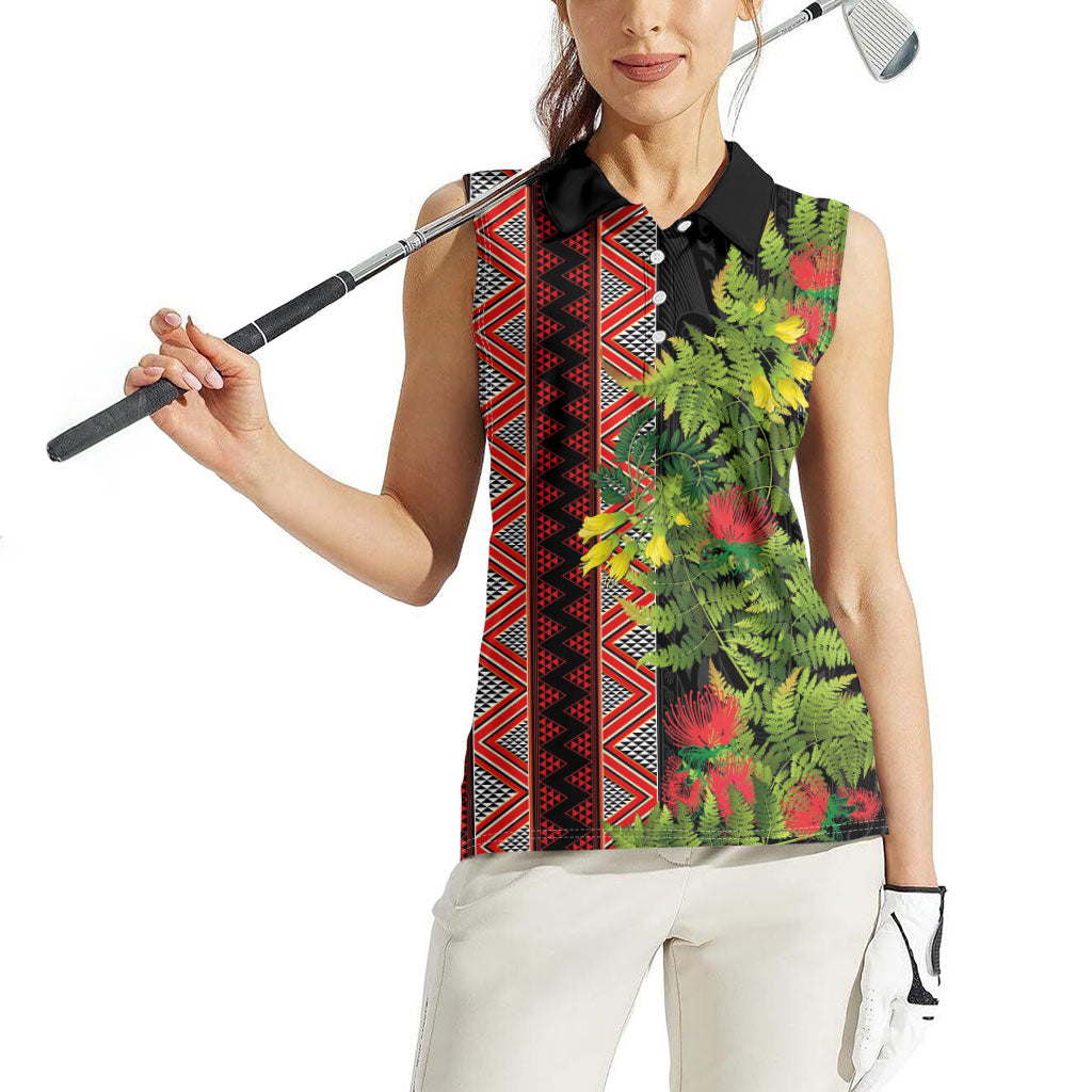 Maori Tukutuku Women Sleeveless Polo Shirt with Ferns Pohutukawa and Kowhai Tribal Moko Patterns