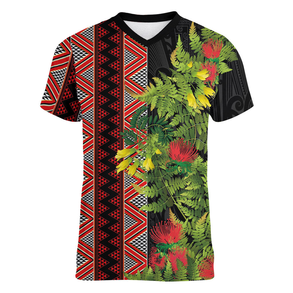 Maori Tukutuku Women V-Neck T-Shirt with Ferns Pohutukawa and Kowhai Tribal Moko Patterns