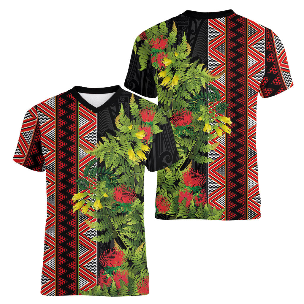 Maori Tukutuku Women V-Neck T-Shirt with Ferns Pohutukawa and Kowhai Tribal Moko Patterns