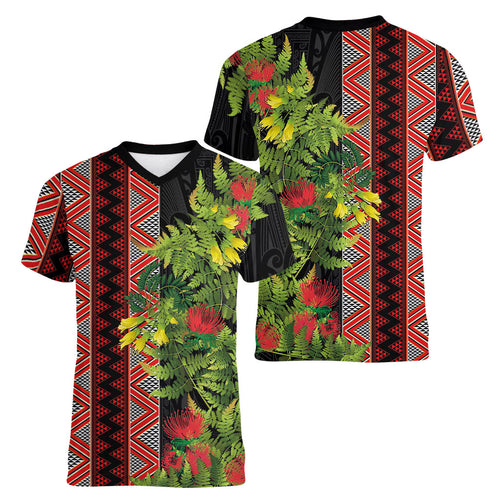 Maori Tukutuku Women V-Neck T-Shirt with Ferns Pohutukawa and Kowhai Tribal Moko Patterns