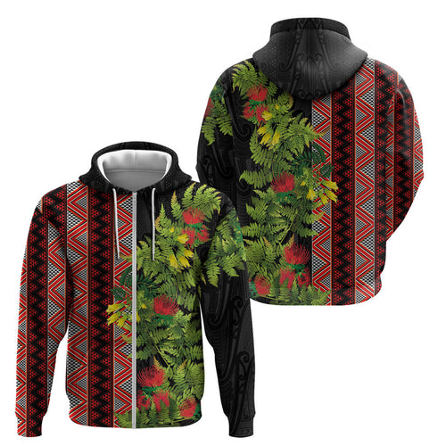 Maori Tukutuku Zip Hoodie with Ferns Pohutukawa and Kowhai Tribal Moko Patterns